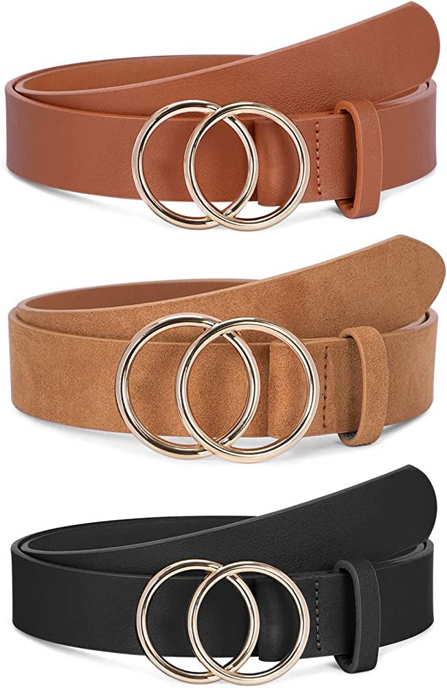 SANSTHS 2 Pack Women Leather Belts Faux Leather Jeans Belt with Double O-Ring Buckle Size up to 5... | Amazon (US)