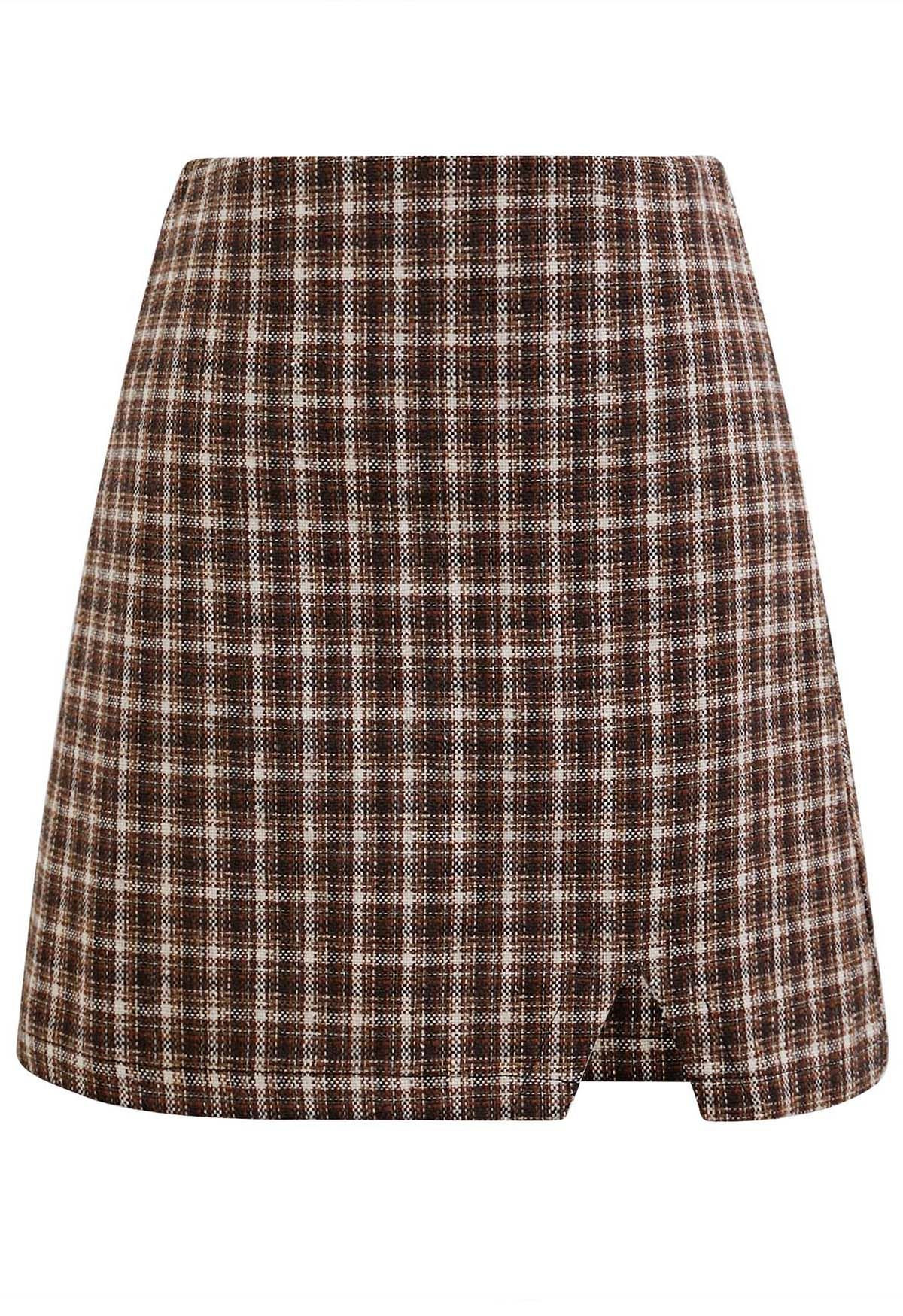 Notch Hem Plaid Tweed Mini Skirt in Brown | Chicwish