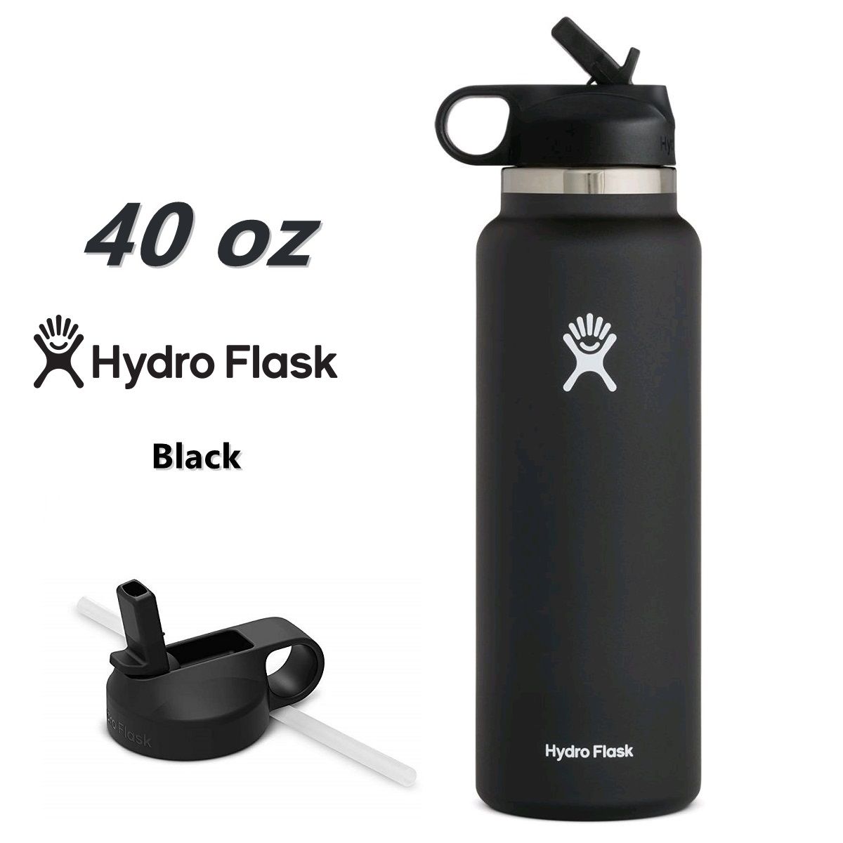 Hydro Flask 40oz Wide Mouth Water Bottle w/ Straw Lid 2.0 Stainless Steel & Vacuum Insulated, Bla... | Walmart (US)