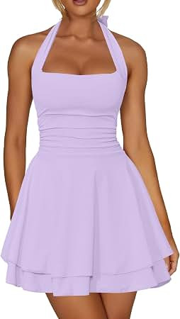 Kaximil Women's Sexy Halter Ruffle Hem Mini Dress | A Line Ruched Waist Corset Cute Short Party D... | Amazon (US)