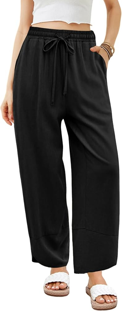 Xiaoxuemeng Wide Leg Linen Pants for Women Elastic Waisted Baggy Barrel Pants Lounge Harem Pants | Amazon (US)