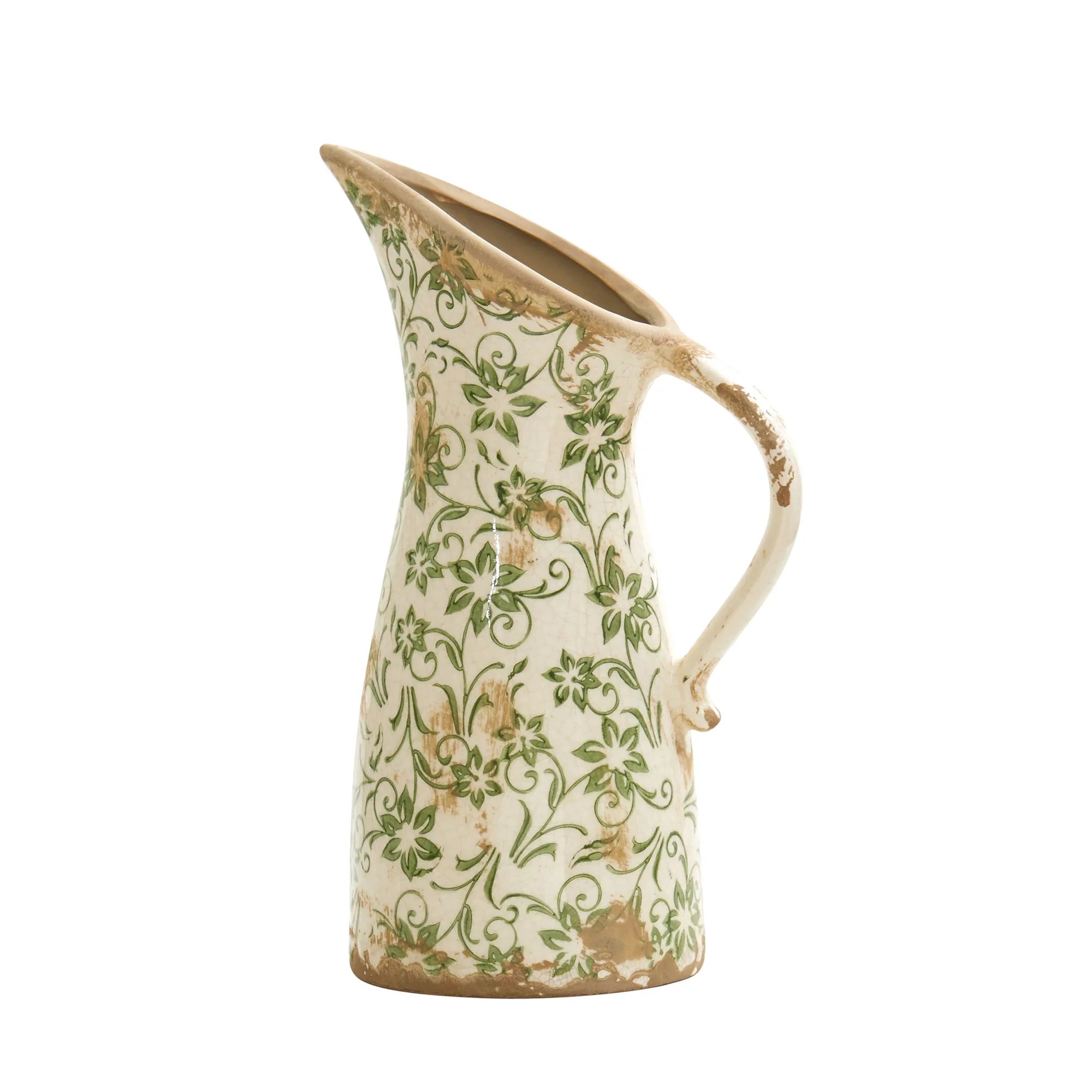 Nearly Natural 6.5in. Tuscan Ceramic Green Scroll Pitcher Vase | Walmart (US)