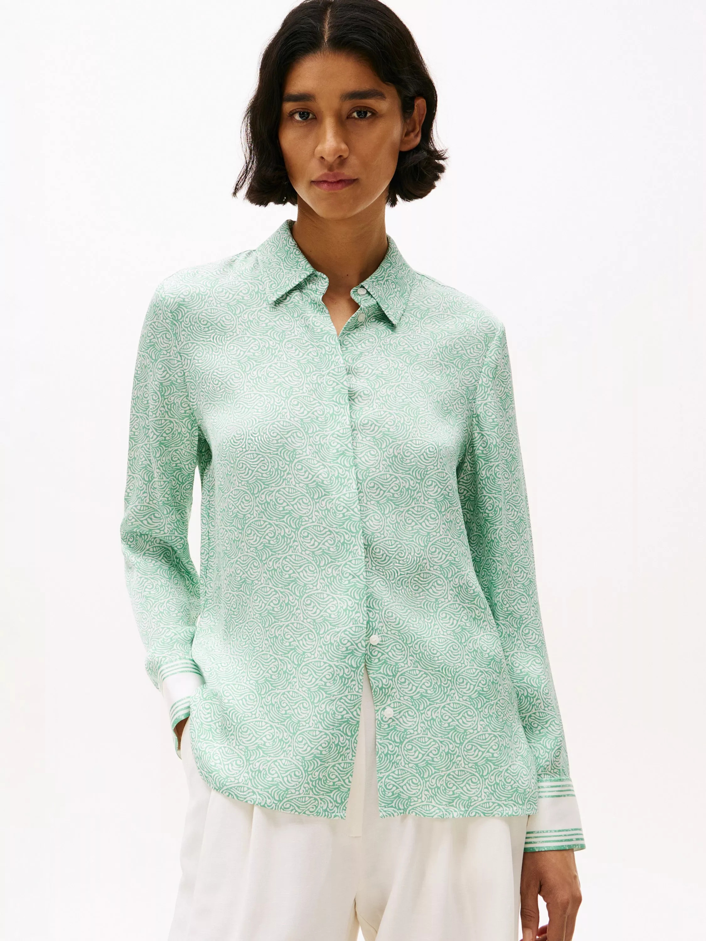 Tommy Hilfiger Abstract Satin Long Sleeve Shirt, Green/Multi | John Lewis (UK)