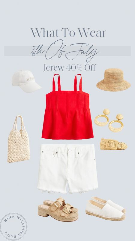 J.Crew 4th Of July Outfit Inspo! Summer outfit - summer straw hat - white shorts - summer sandals - summer bags 

#LTKSaleAlert #LTKItBag #LTKShoeCrush