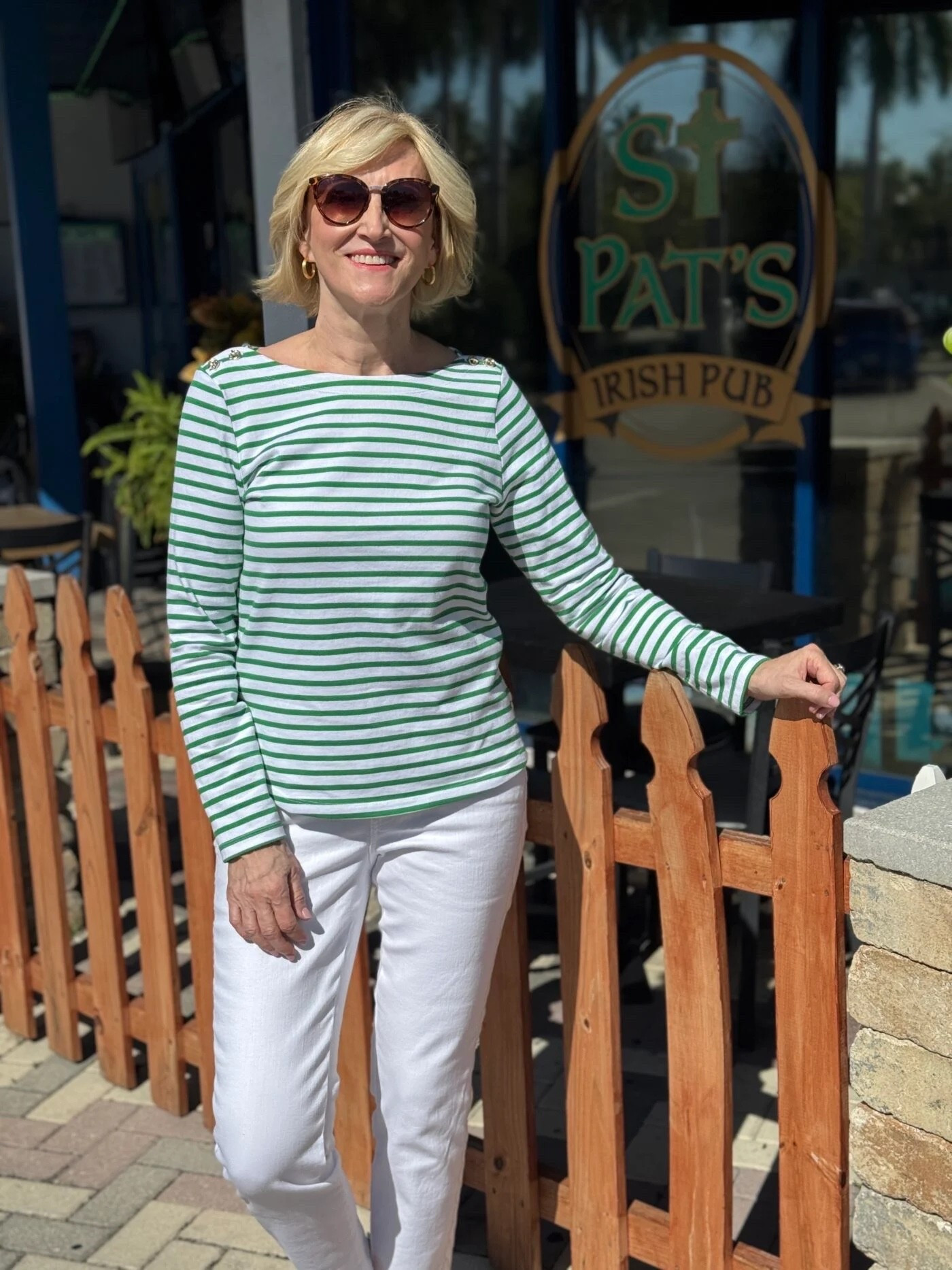 Feeling a little extra lucky today 🍀💚

Kept it classic and comfy for St. Patrick’s Day in this striped @Talbots tee and crisp white pants—because sometimes simple just works. Add a pair of sunnies, a little sunshine, and a good Irish pub backdrop… and you’re good to go ☀️

Hope your day is filled with a bit of luck, a lot of laughs, and maybe something festive in hand 🥂

#StPatricksDay #Over50Style #ClassicStyle #EffortlessChic #TalbotsStyle

#LTKgrwm #LTKSeasonal #LTKOver40