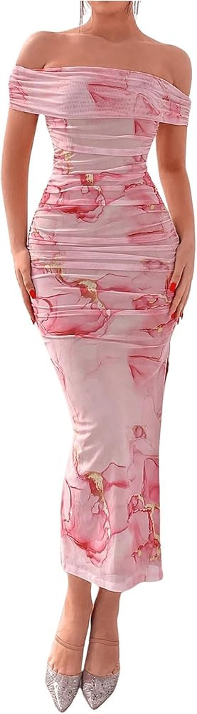 Floerns Women's Floral Print Off Shoulder Short Sleeve Ruched Bodycon Long Dress | Amazon (US)