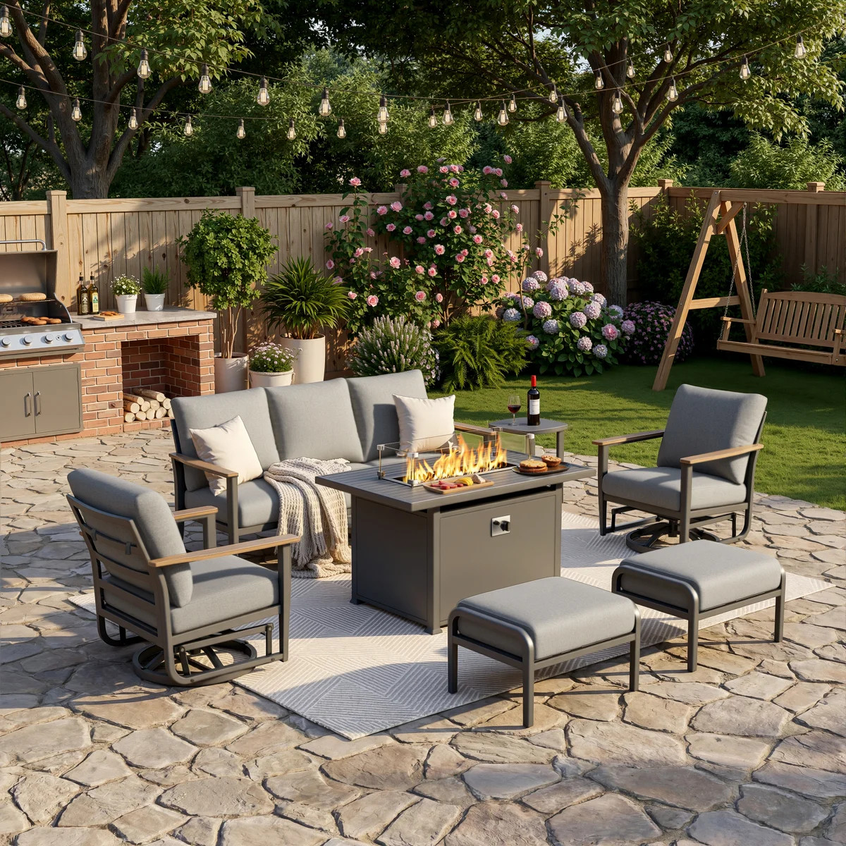 7-Person Outdoor Aluminum Patio Set With 55,000 BTU Fire Pit Table, Wood-Look Armrests, 5.12" Cus... | Wayfair North America