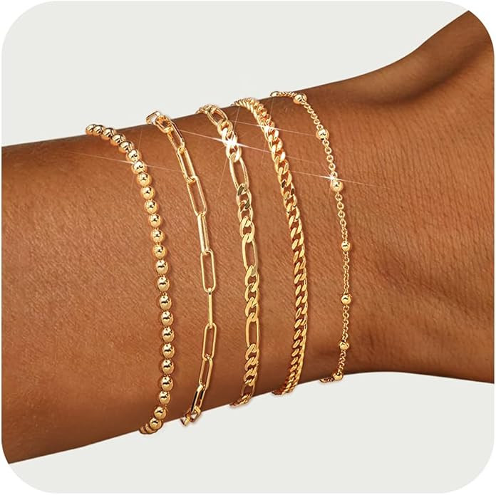 adoyi Gold Bracelets for Women, 14K Gold Plated Stackable Bracelet Stack Set Adjustable Charm Pap... | Amazon (US)