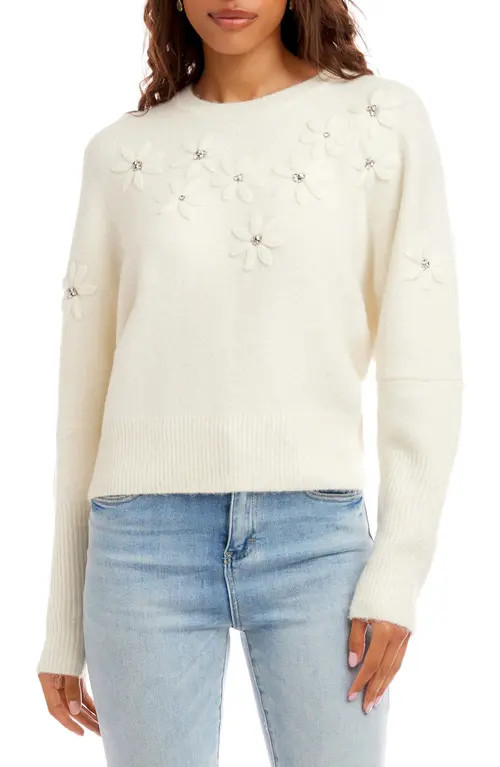Karen Kane Embroidered Embellished Flower Sweater in Cream at Nordstrom, Size Large | Nordstrom