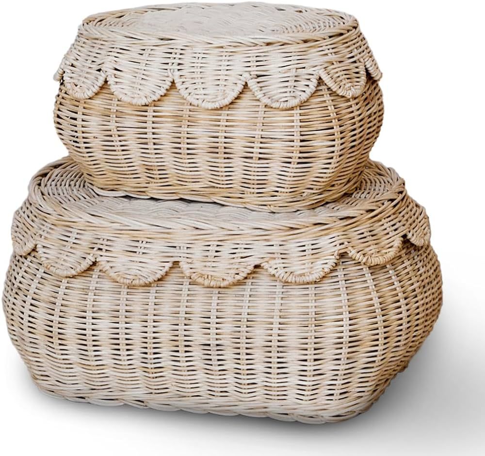 BEBE BASK Handwoven Rattan Basket Set Of 2 – Scalloped Baskets - Round Wicker Basket With Lid ... | Amazon (US)