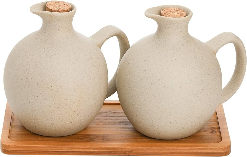 Elsjoy Set of 2 Ceramic Oil Vinegar Dispenser with Cork and Tray, 15 Oz Tabletop Oil Bottles Soy ... | Amazon (US)