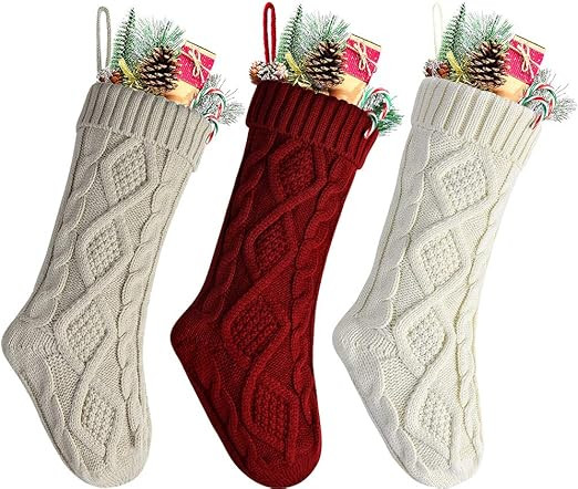 Kunyida 18 Inches Burgundy, Ivory, Khaki Knitted Christmas Stockings,3 Pack | Amazon (US)