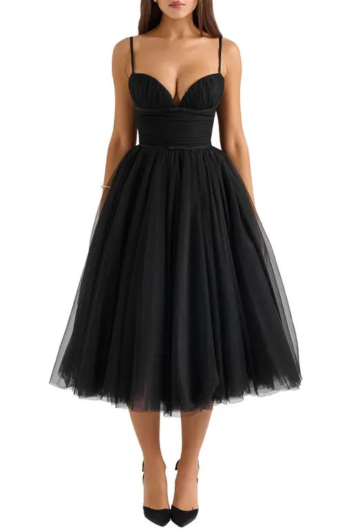 HOUSE OF CB Countess Sleeveless Tulle Midi Dress in Black at Nordstrom, Size Large A | Nordstrom