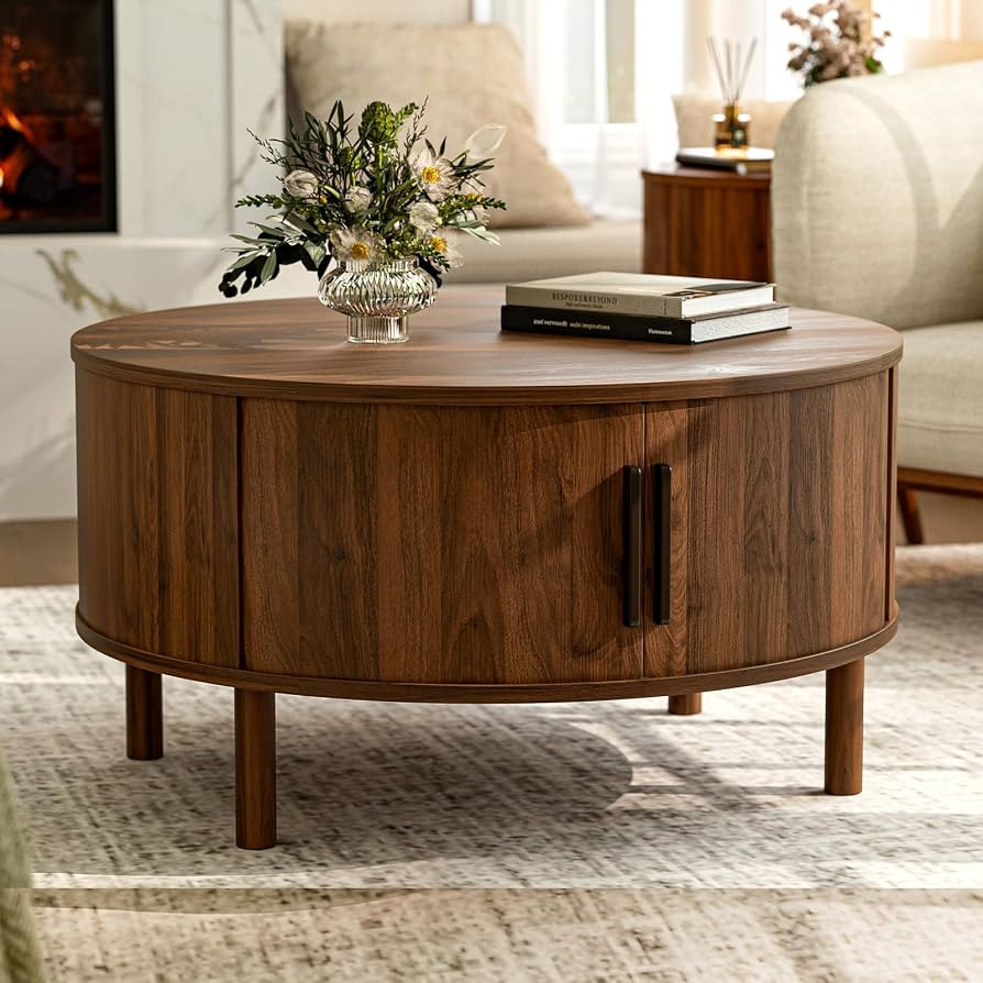ZttRiee Round Coffee Table with Sliding Doors, Mid-Century, Walnut | Amazon (US)