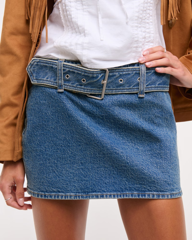 Women's Mid Rise Belted Denim Mini Skort | Women's Bottoms | Abercrombie.com | Abercrombie & Fitch (US)