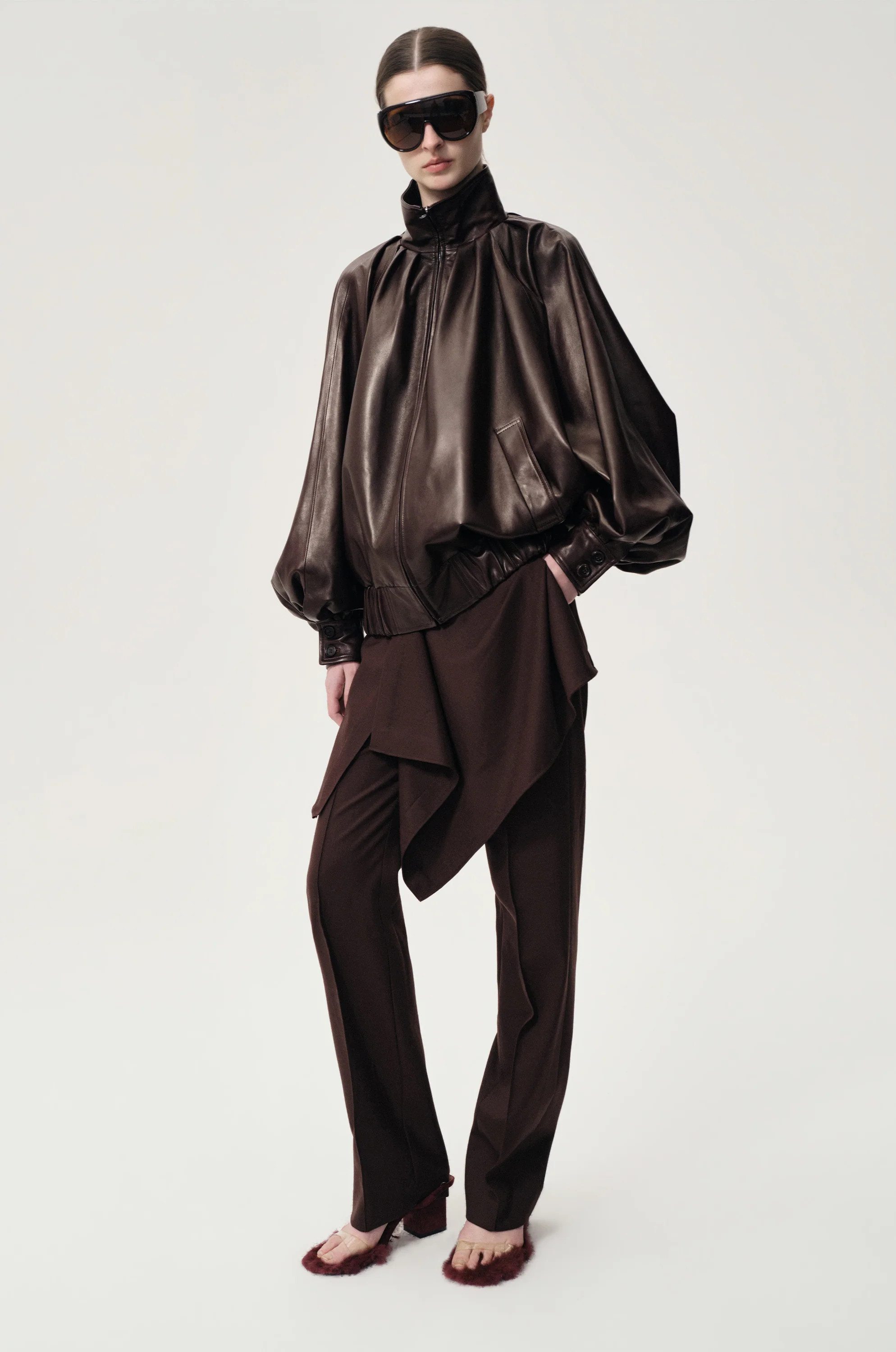 Soft Pleated Balloon Leather Jacket Dark Brown | Front Row Shop
