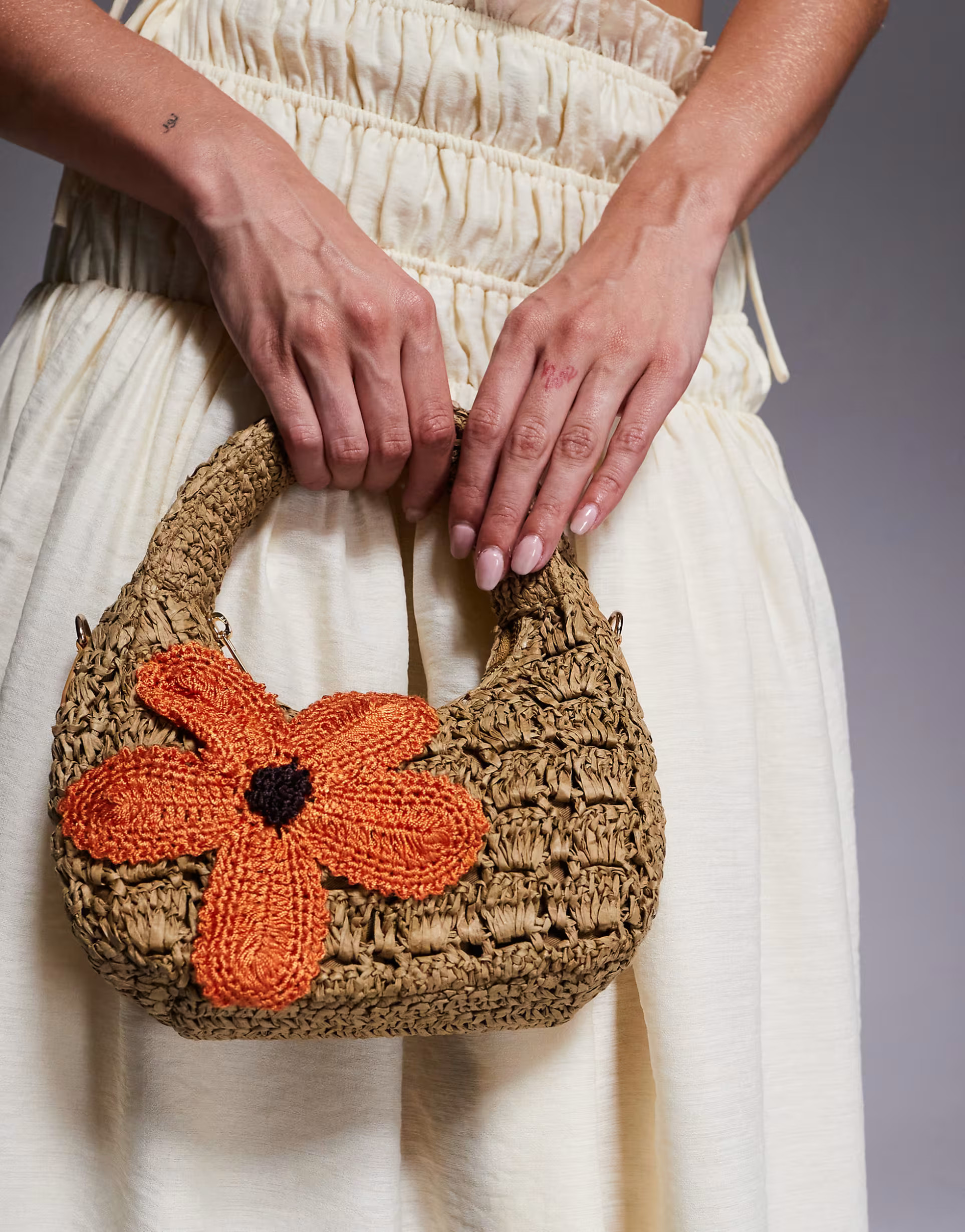 River Island raffia shoulder bag with flower detail in beige | ASOS (Global)