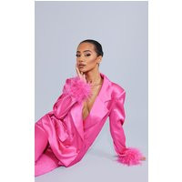 Petite Hot Pink Oversized Satin Feather Cuff Detail Suit Blazer | PrettyLittleThing US