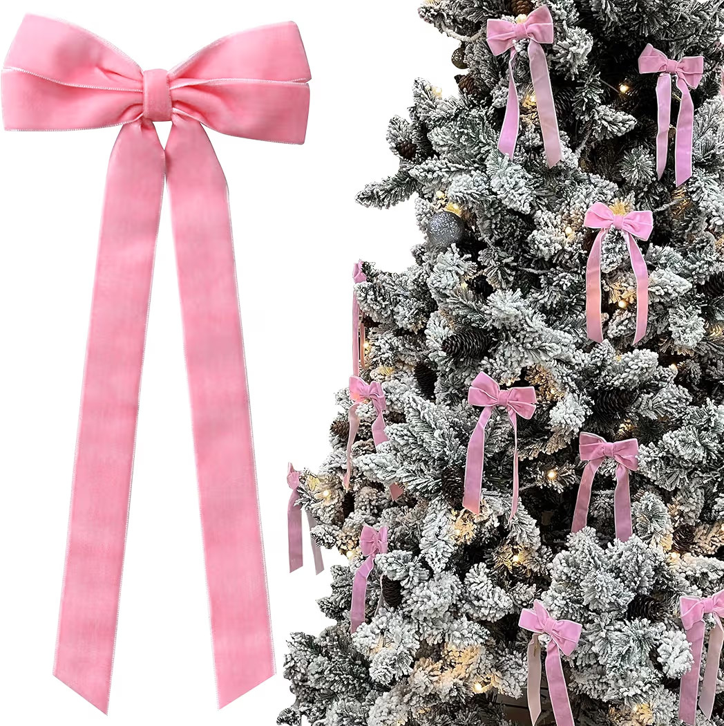 12Pcs Pink Velvet Bows Christmas Tree Decorations,5in x 10in Xmas Ornaments for Tree Home Coquett... | Amazon (US)