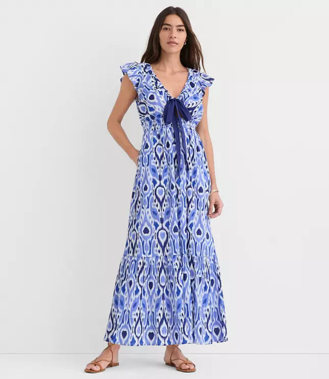Petite LOFT Beach Ikat Bow Cutout Maxi Pocket Dress | LOFT