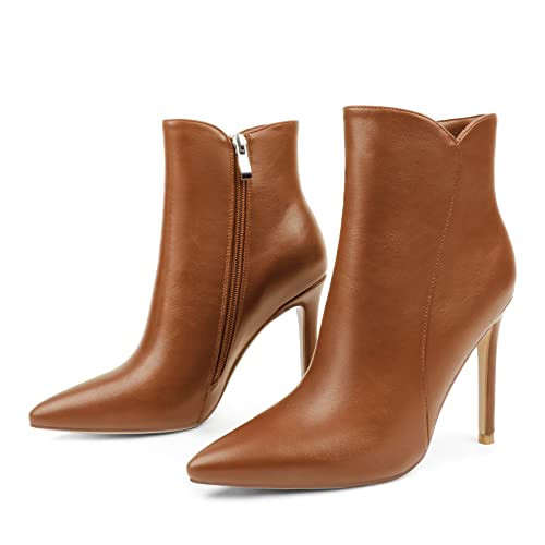 JOY IN LOVE Women's Ankle Boots 4 inch Stiletto High Heels Pointed Toe Zipper Boots Brown US 6.5 | Amazon (US)