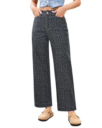 LookbookStore Women's Wide Leg Jeans Leopard Cheetah Print Jeans Denim Outfit for Women Mini Gray Leopard Size X-Large Size 16 18 | Amazon (US)
