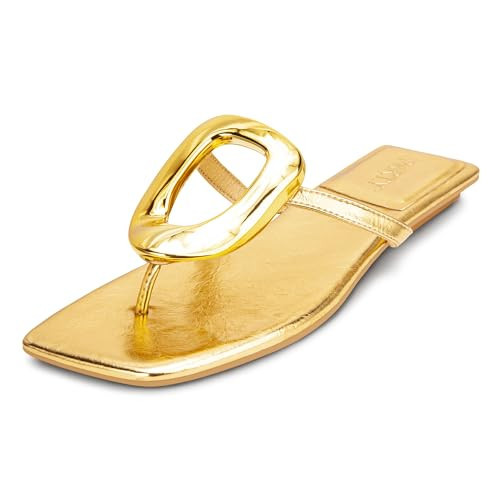 PARTY Square Toe Flip Flops Women,Fashion Designer Thong Sandals with Gold Buckle Trendy Summer Comfort Flat Sandals,GOLD PU-9.5 | Amazon (US)