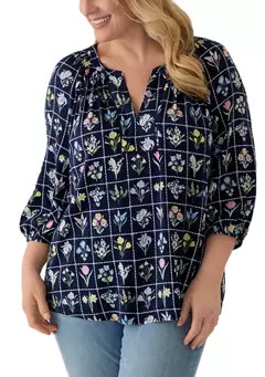 Plus Size 3/4 Sleeve Printed Peasant Top | Belk