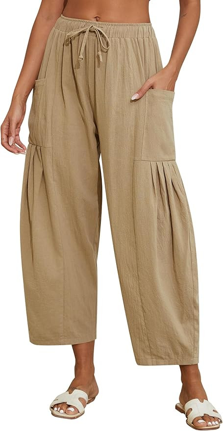 Women Linen Pants Wide Leg Boho Pants Loose Lightweigt Beach Palazzo Harem Pants with Pockets | Amazon (US)