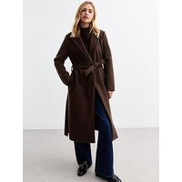 New Look Dark Brown Tailored Unlined Longline Belted Coat, Brown, Size 22, Women | Very (UK)