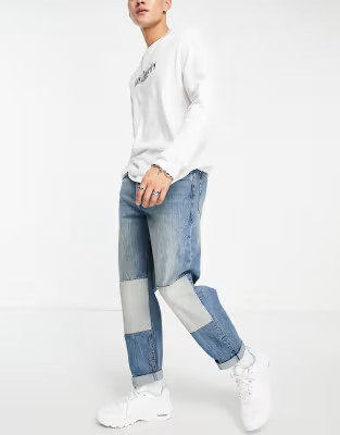 Topman relaxed patch jeans in mid wash blue | ASOS (Global)