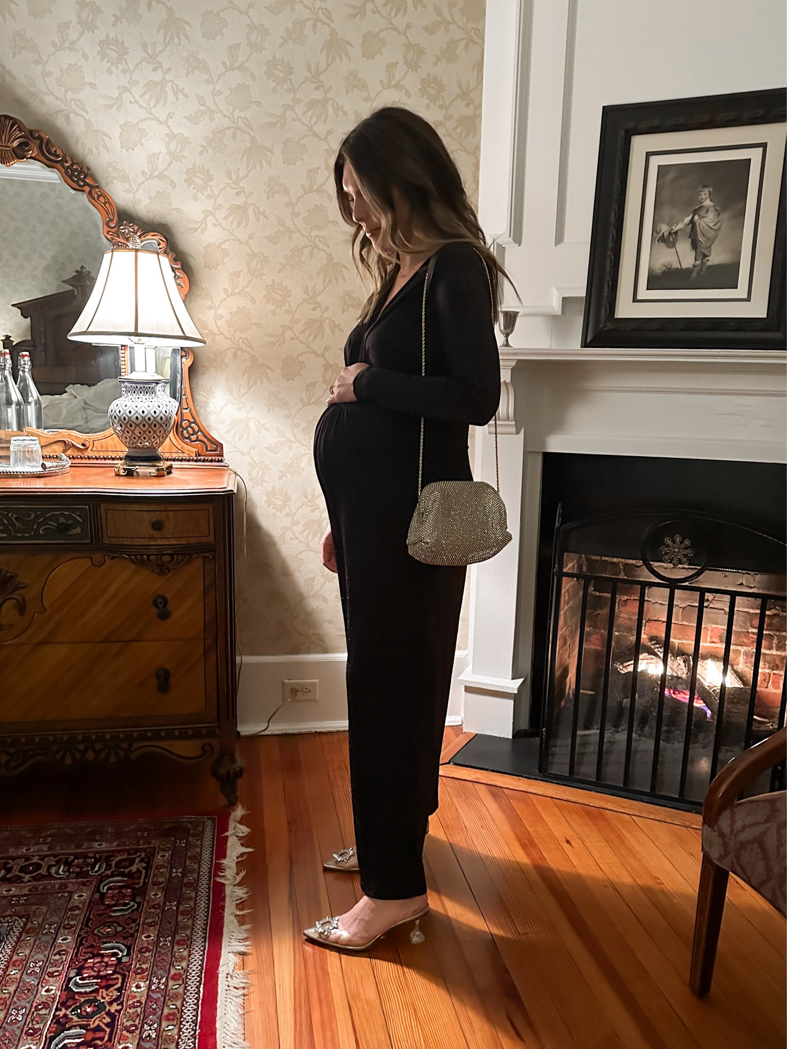 A moment for this sparkly jumpsuit. Probably my favorite holiday outfit of the season. Not maternity - Went with my true size! Sparkly bag. Sparkly shoes. Rhinestone. Holiday style. New Year’s Eve outfit. Outfit inspiration. Bump style. 

#LTKHoliday #LTKfindsunder50 #LTKparties