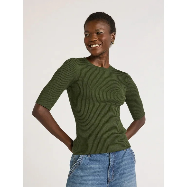 Scoop Women's Rib Knit Sweater with Elbow Length Sleeves, Lightweight, Sizes XS-XXL | Walmart (US)