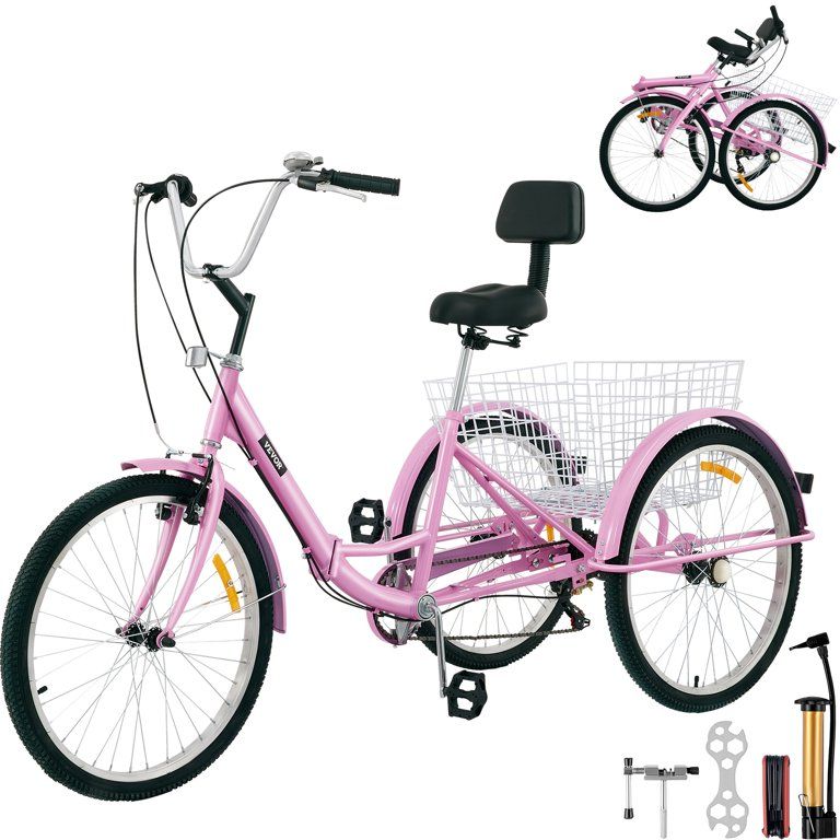 VEVOR Foldable Adult Tricycle 24" Wheels, 7-Speed Trike, 3 Wheels Colorful Bike with Basket, Port... | Walmart (US)