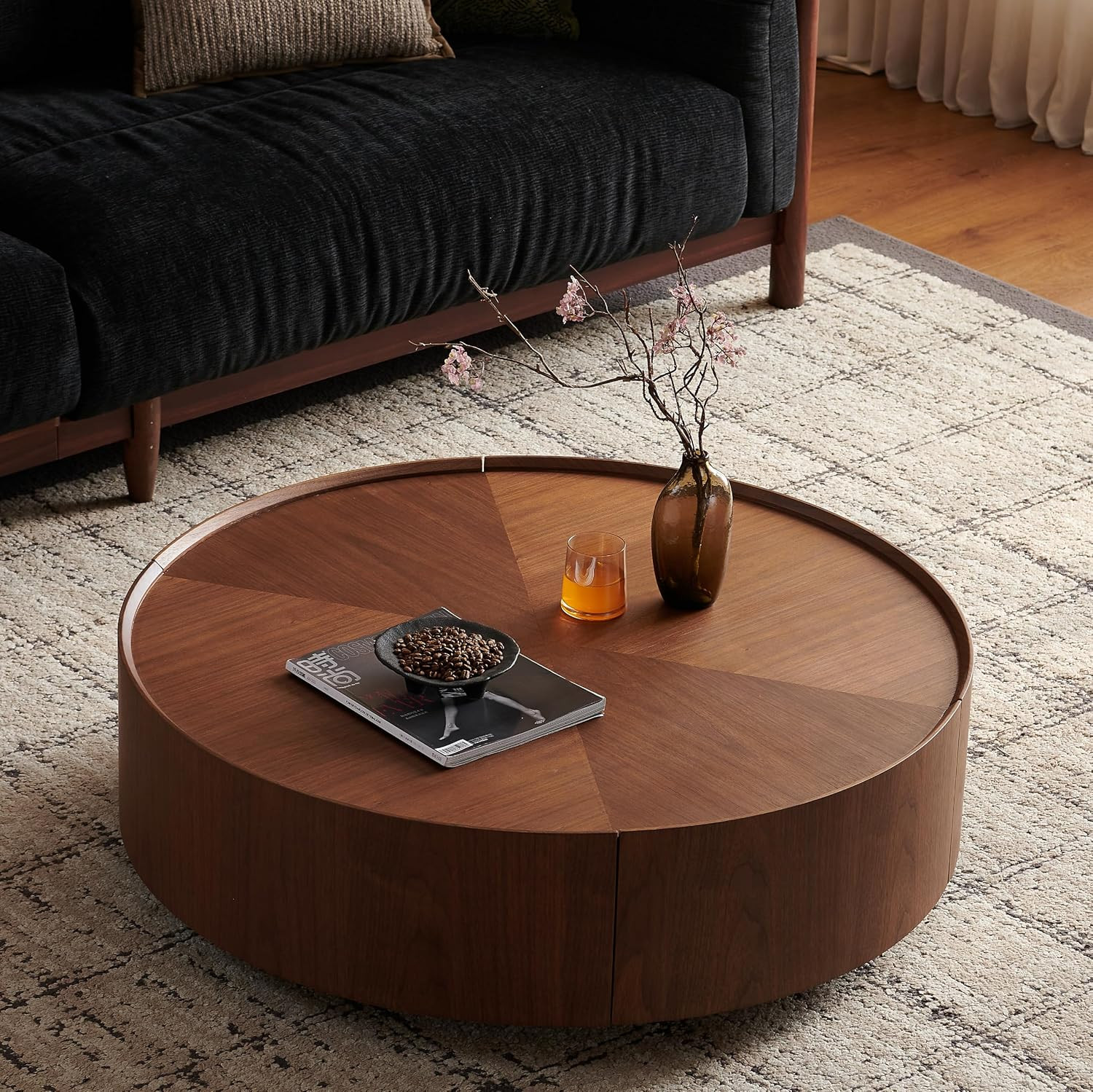 Round Drum Coffee Table, Walnut Wood with Hidden Storage Drawers (35.4" Round) | Amazon (US)