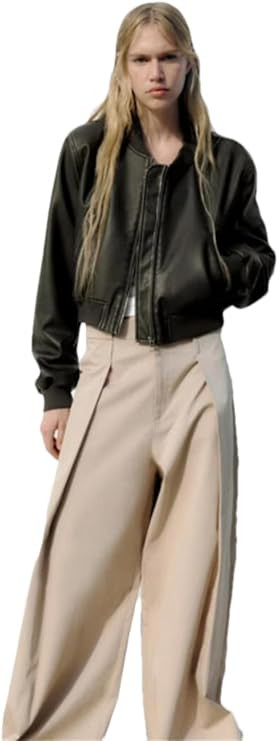 Adhdyuud Women Short Cool Washed Pu Leather Bomber Jacket Autumn Long Sleeve Vintage Chic Cropped... | Amazon (US)