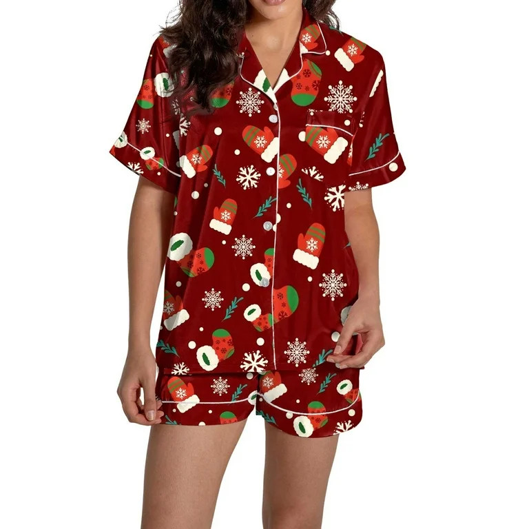 Christmas Red Pajamas for Women Set Women Pajamas Graphic Printed Silk Satin Cute Sleepwear Butto... | Walmart (US)