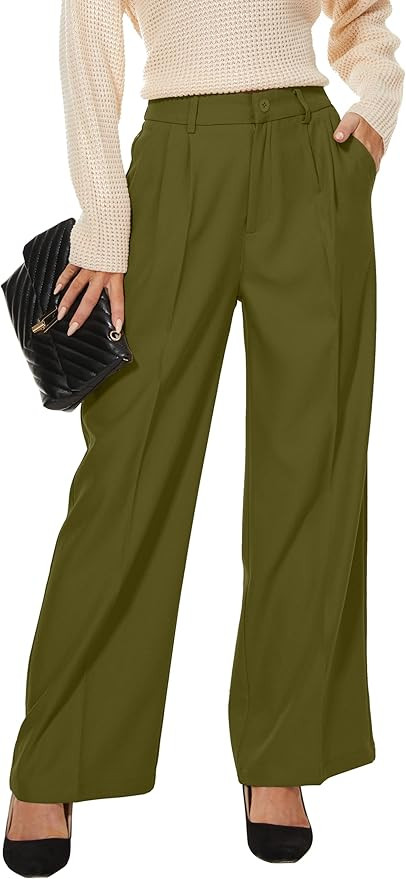 Women Wide Leg High Waist Wide Leg Pants Loose Fit Back Elastic Waist Pleated Front Trousers for ... | Amazon (US)