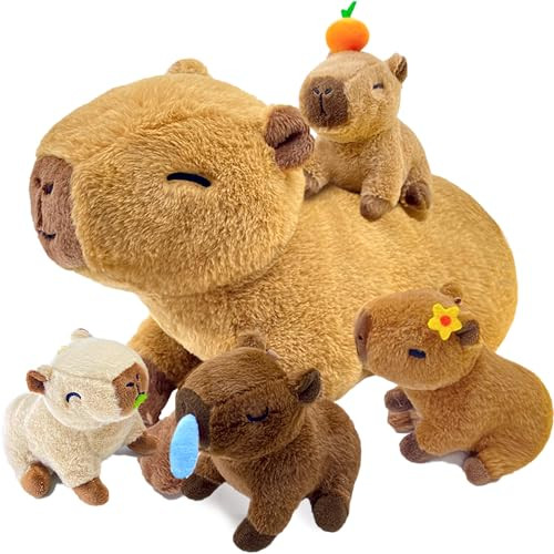 YUNCOL Capybara Plush，Cute Capybara Mommy Stuffed Animal with 4 Baby Capybara Plushies in Tummy，Kawaii Capybara Plush Toy Gift for Kids Girls Boys | Amazon (US)