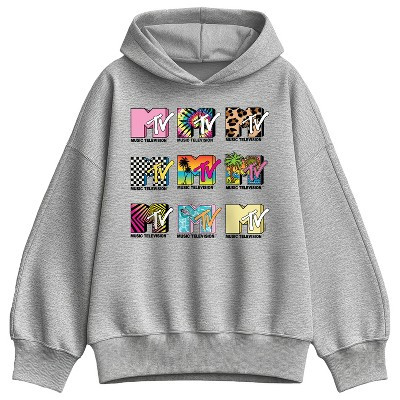 Women's MTV MTV Top Logos Oversized Fleece Hoodie Sweatshirt - Athletic Heather - Medium | Target