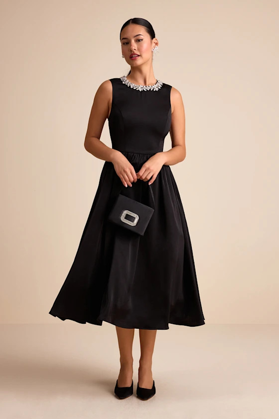 Marietta Black Satin Rhinestone Sleeveless Midi Dress | Lulus