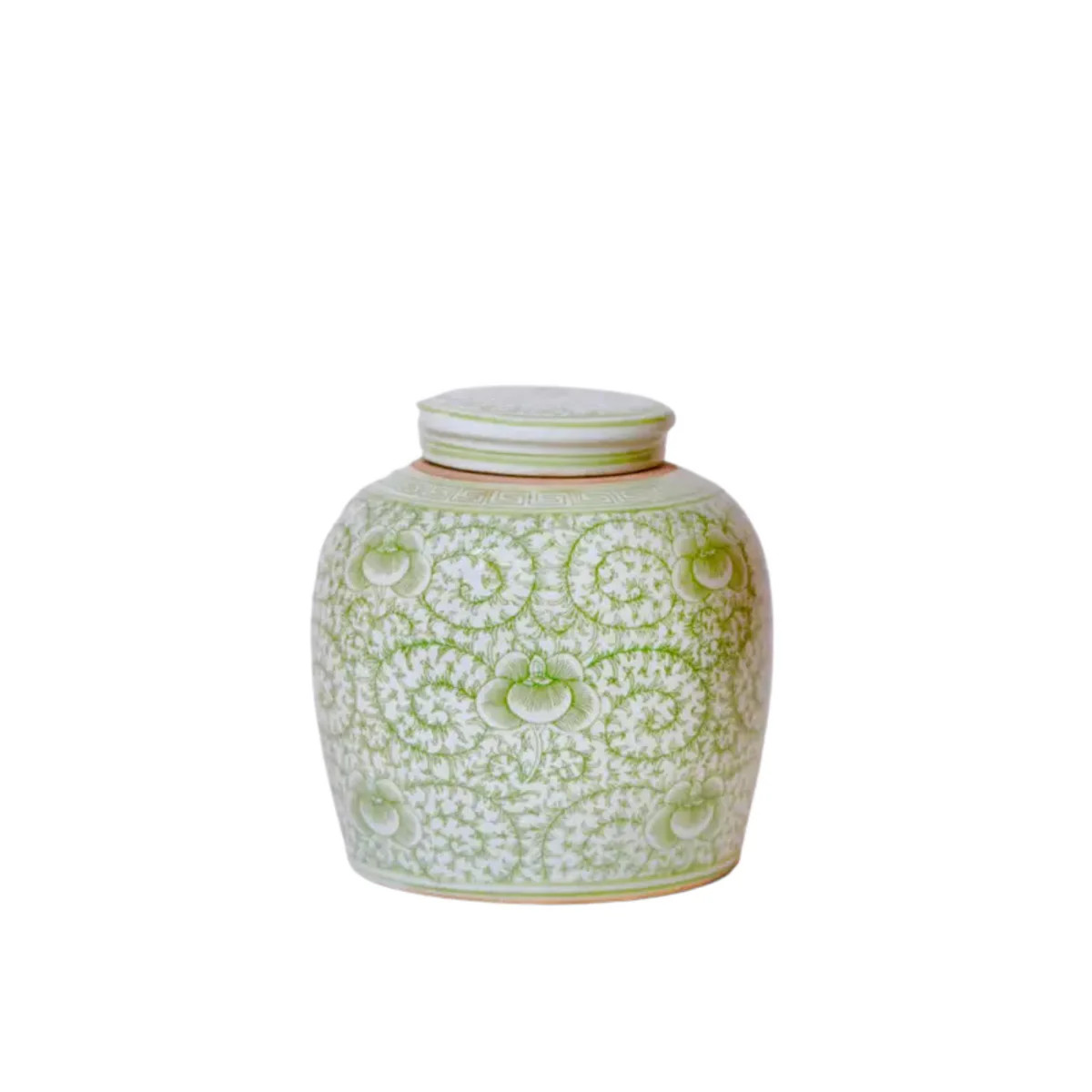 Scrolling Peony Green and White Porcelain Lidded Jar | The Well Appointed House, LLC