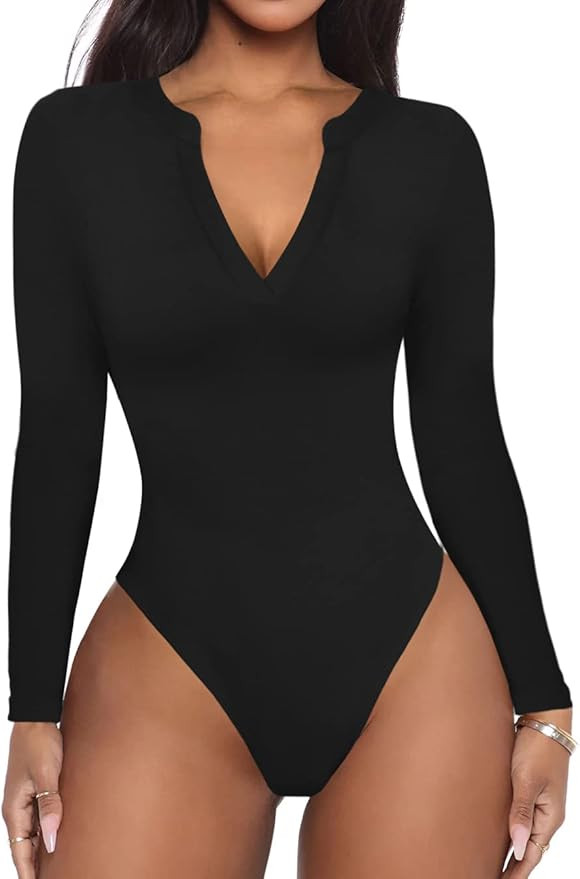 REORIA Women's Casual Sexy V Neck Long Sleeve Work Ribbed Fitted Thong Bodysuit Tops | Amazon (US)