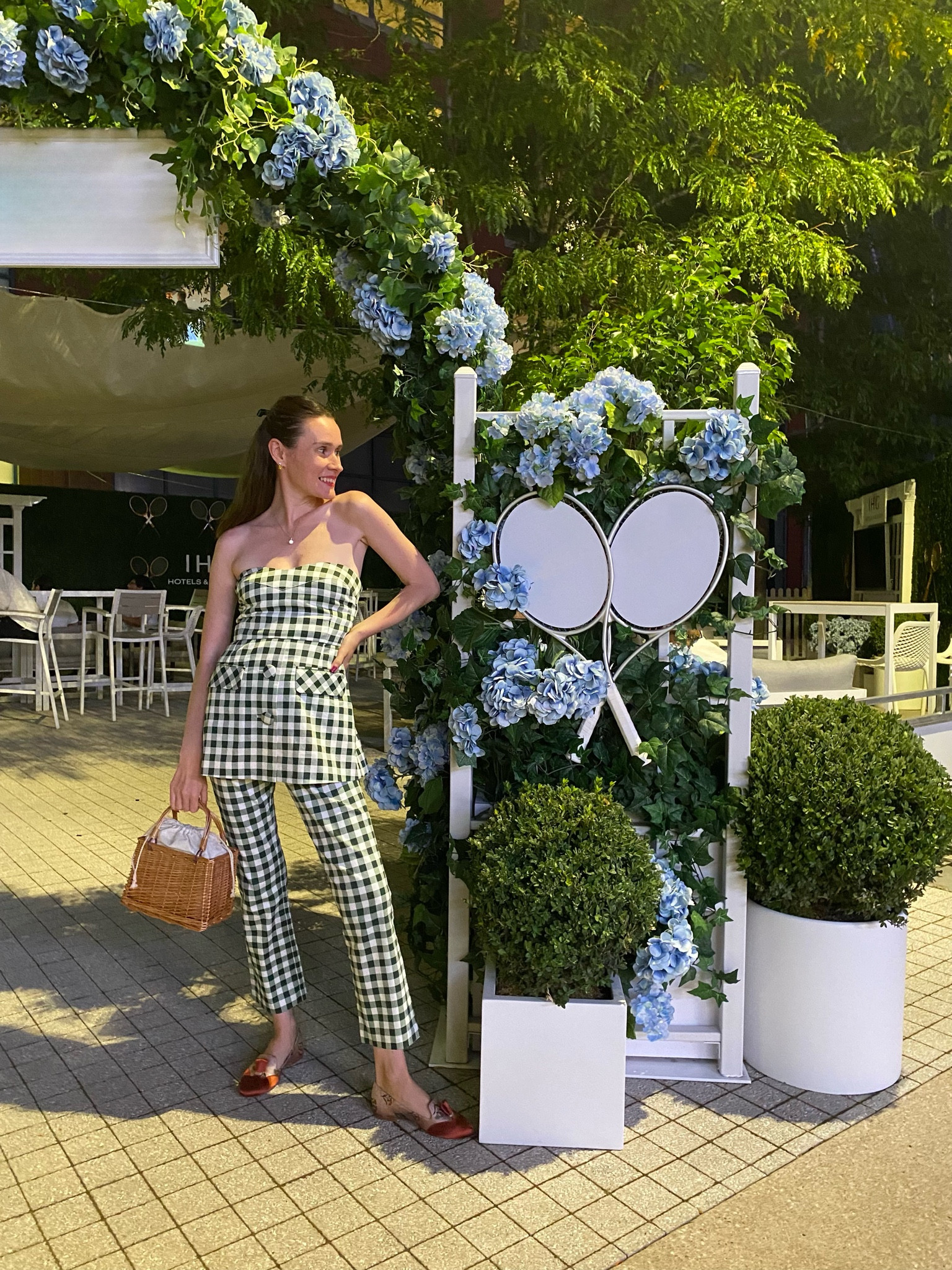 Us open tennis style , gingham green pants set, basket purse bag, sarah flint Bennett, tuckernuck matching set 