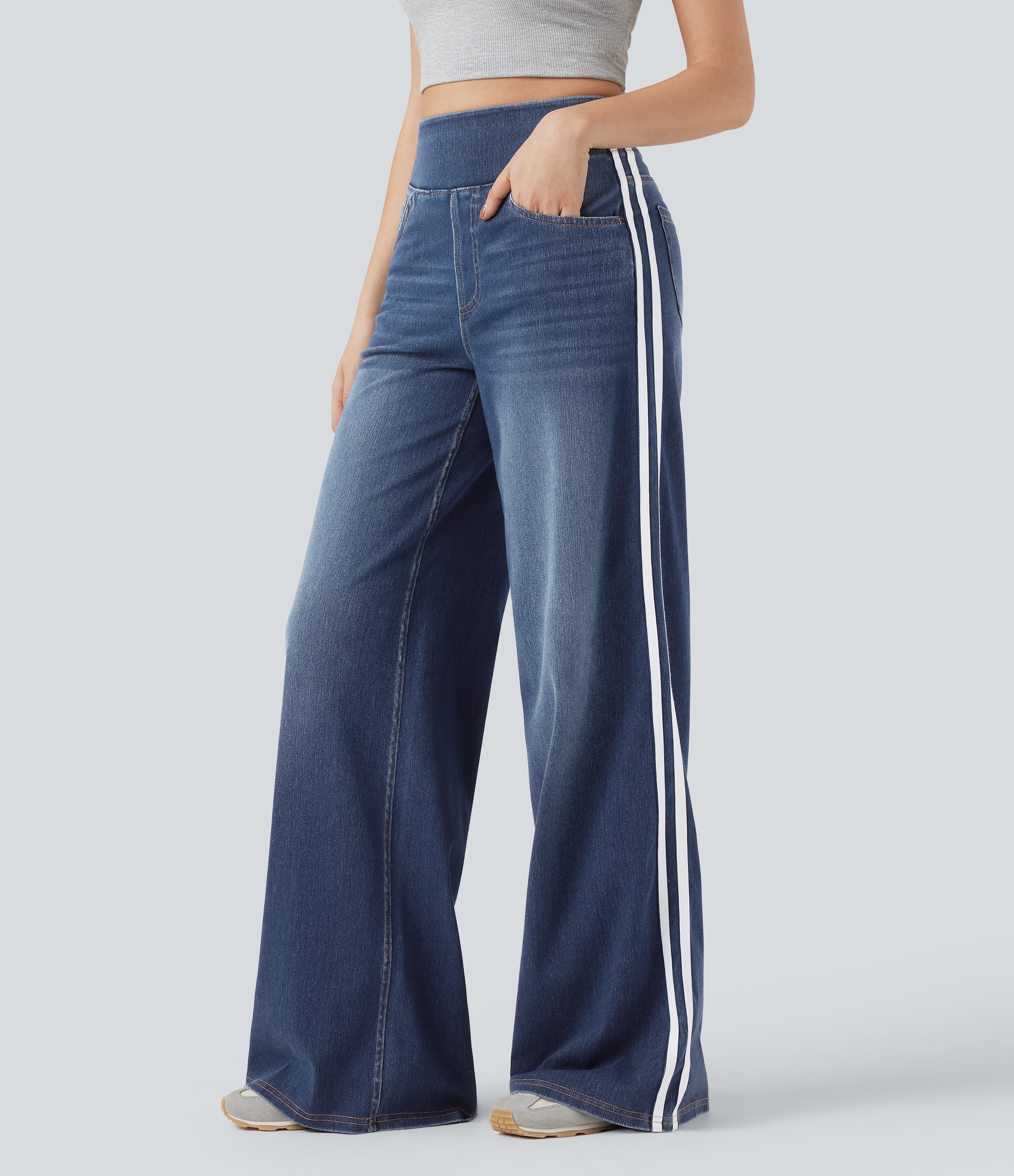 Halara Halara Flex™ High Waisted Stripe Wide Leg Flowy Washed Casual Jeans with Pockets - Pageant Blue Denim - XL(tall) | HALARA