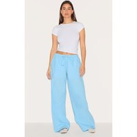 Light Blue Cotton Linen Blend Drawstring Waist Pants | PrettyLittleThing US