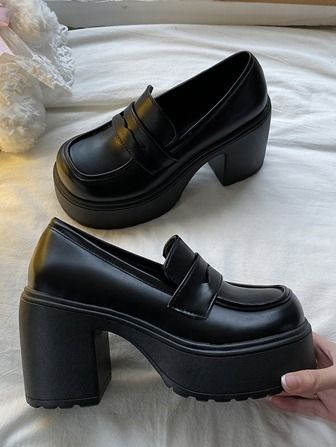 Women Loafers, Chunky Heeled Elegant Flatform Shoes Black | SHEIN