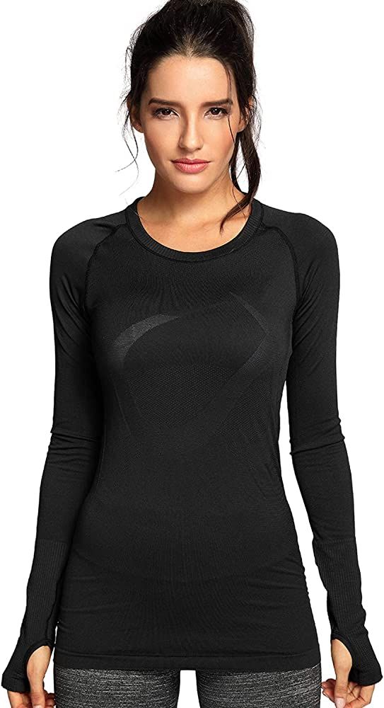 CRZ YOGA Women's Seamless Athletic Long Sleeves Sports Running Shirt Breathable Gym Workout Top Blac | Amazon (US)