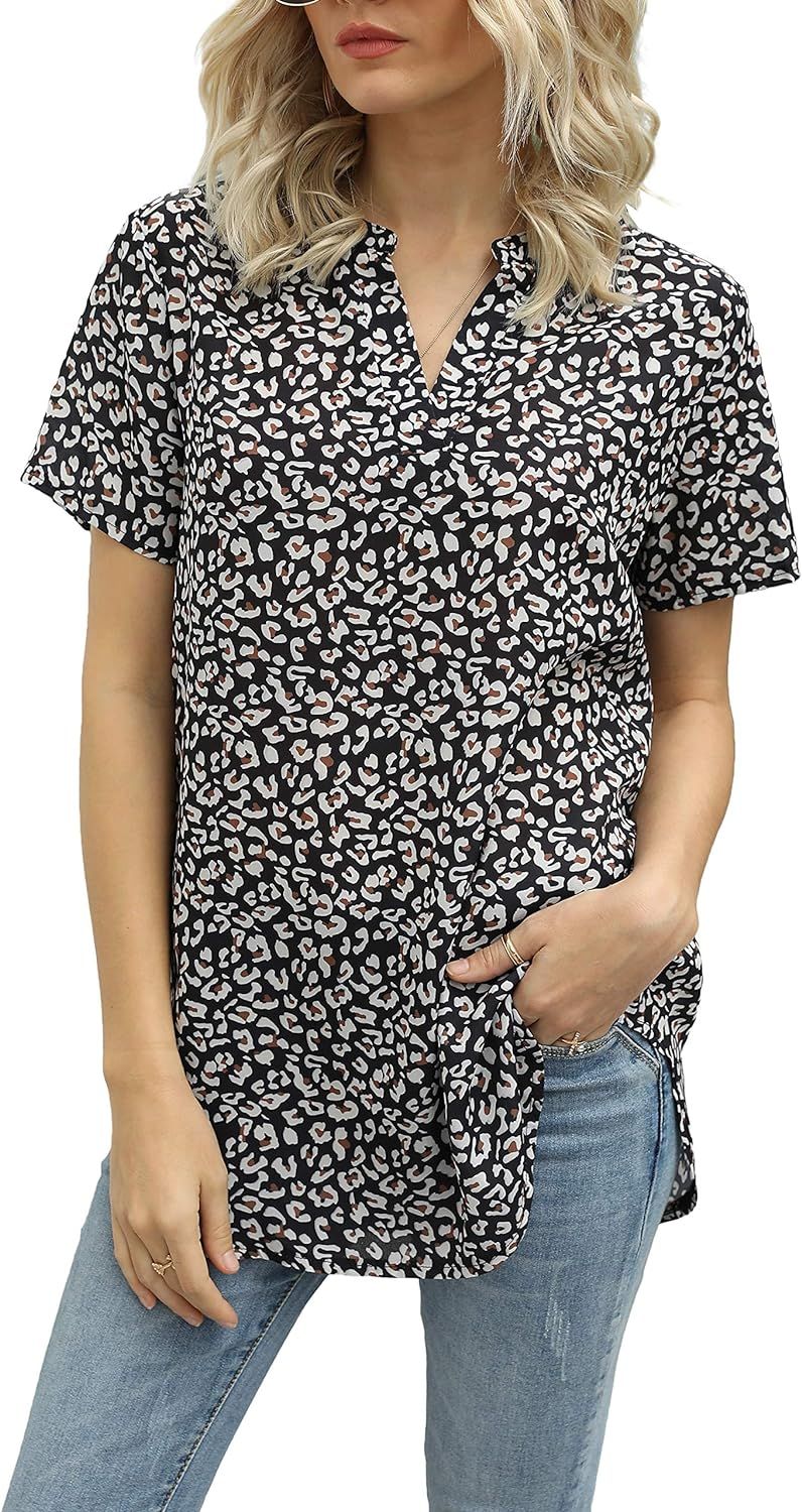 Allimy Women Summer Casual Split V Neckline Chiffon Blouses Loose Tunic Short Sleeve Tops | Amazon (US)
