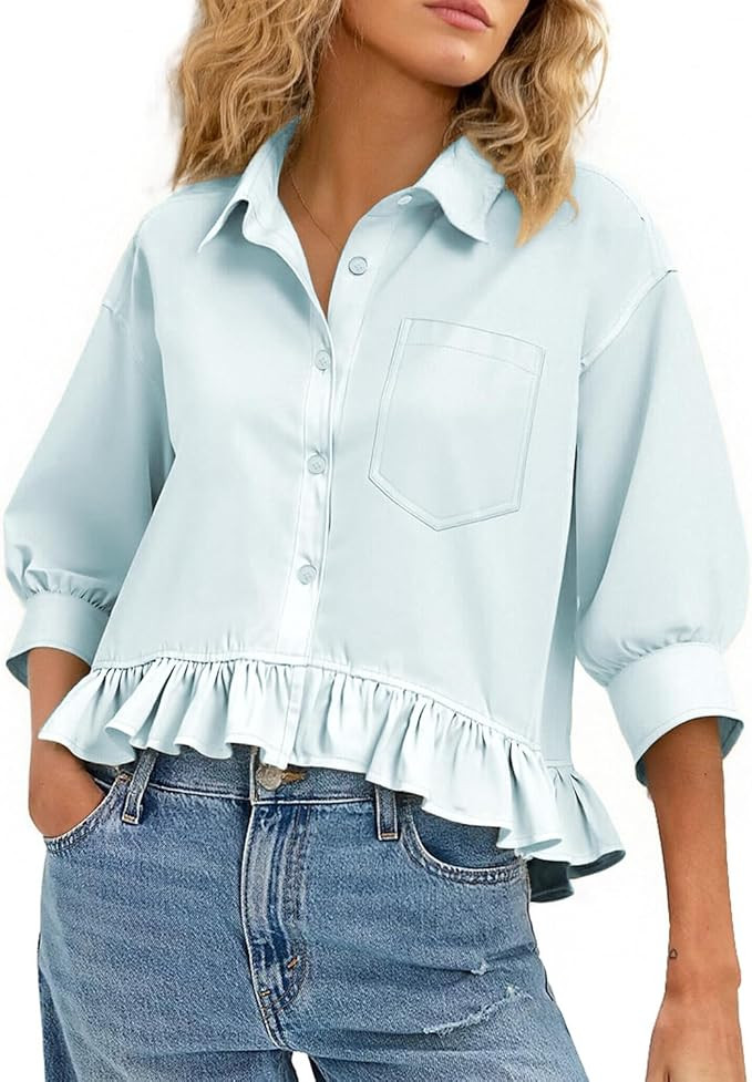 CHYRII Womens Summer Tops Dressy Casual Blouse Top Ruffled Short Sleeve Button Down Striped Shirt | Amazon (US)